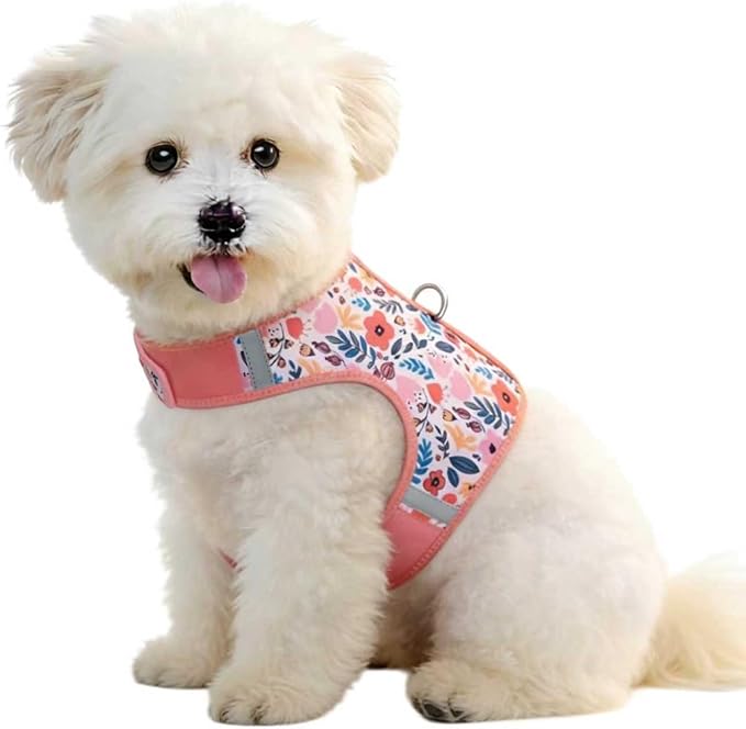 Dog Harness for Small Sized Dog,Hook-and-Loop Easy On/Off, Reflective Adjustable Soft Mesh Vest for Puppy (Pink Floral Print,M)