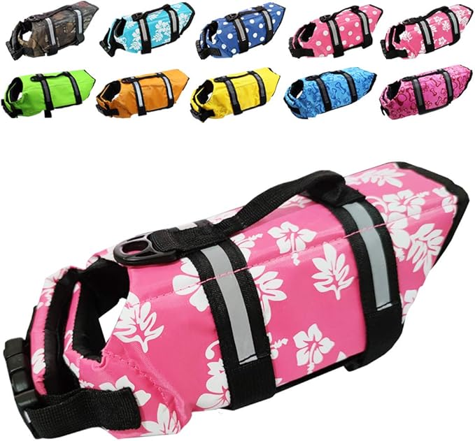 Dog Life Jacket Easy-Fit Adjustable Belt Pet Saver Swimming Safety Swimsuit Preserver with Reflective Stripes for Doggie (M, Flowers and Pink)