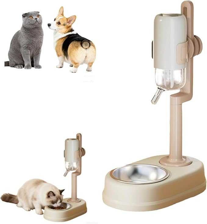 Pet Cat Dog Water Dispenser, 2026 New Pet Standing No Drip Easy Clean Automatic Feeders with Stand, 2 in 1 500ml Multifunctional Detachable Height for Dogs Cats (Beige)