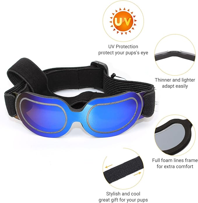 Namsan Dog Goggles Small Breed, Anti-UV Sunglasses for Dogs Small Breeds, Windproof Riding Dog Eye Protection, Yorkie Glasses with Elastic Straps, Easy Put-on/Adjustable, Bright Blue