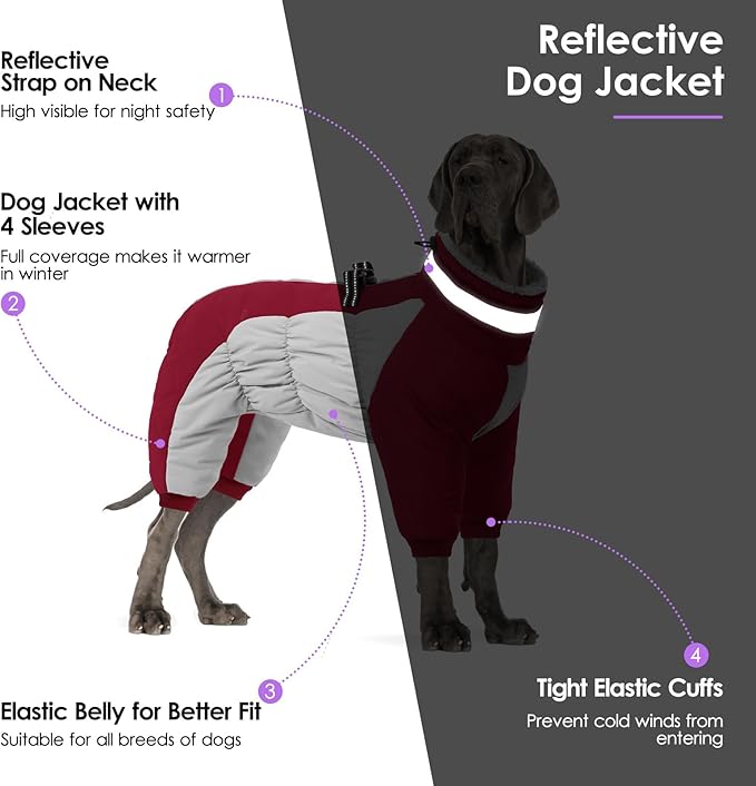 SUNFURA Full Body Dog Coat - Warm Fleece Jacket for Large Dogs, Turtleneck Winter Coats with Harness, Reflective Dog Snowsuit Windproof Puffer Jackets with Legs for Weimaraner, Burgundy XL