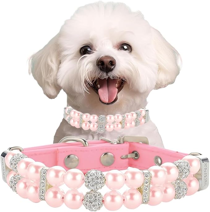 Pink Dog Collars with Pearls, Beaded Cat Collar Pu Leather Puppy Necklace with Crystal Rhinestone Diamond for Girl Kitten XXSmall Small Medium Female Dogs Jewelry Wedding & Birthday Party, M