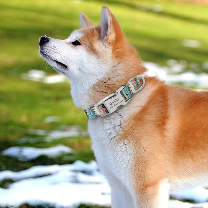 Custom Dog Collar Nylon Floral Engraved Pet Puppy Collar Print Personalized Name Collars for Small Medium Large Dogs Pitbull Green 2 S