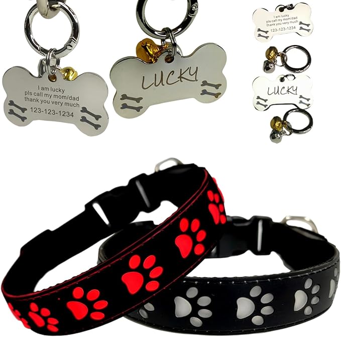 LED Dog Collar with Paw Print Design, 15 Light Modes, Waterproof, Includes Bone-Shaped Name Tag, Multiple Colors (Black, M(11.8-15.7"))