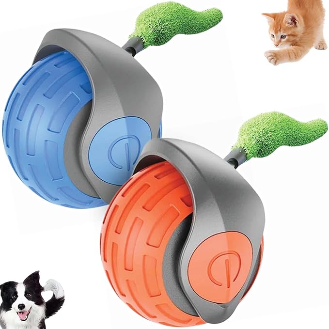 ZAHABI Speedy Tail 3.0 Automatic Dog & Cat Toy (2 Pack) – USB Rechargeable Rolling Ball with Soft Tail, Interactive Pet Toy for Puppies, Kittens & Active Pets (Blue & Orange)