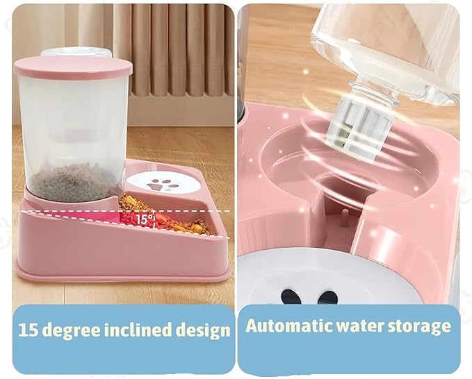 Automatic Cat Feeder and Water Feeder Set - 2 in 1 Tilted Stress Pet Food and Water Feeder for Cats and Small Dogs(Pink)