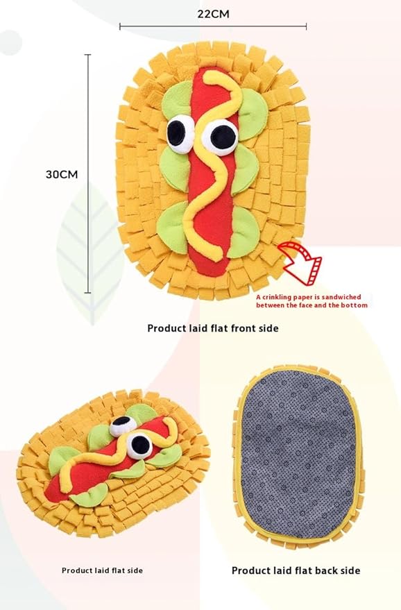 Interactive Pet Snuffle Mat with Crinkle Paper and BB Sound – Food-Shaped Nose Work Mat for Cats, Dogs, and Small Pets, Anti-Slip Base, Puzzle Feeding Toy (hot Dog)