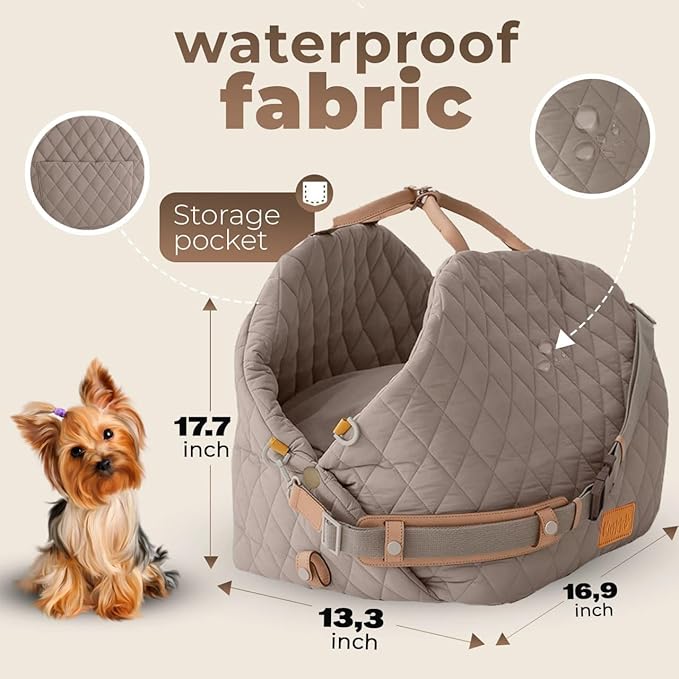 Dog Car Seat for Small Dogs, Pet Seats for Cars with Clip-On Safty Leash, Detachable Washable Pet Car Seat Travel Bed Under 25lbs (Grey)