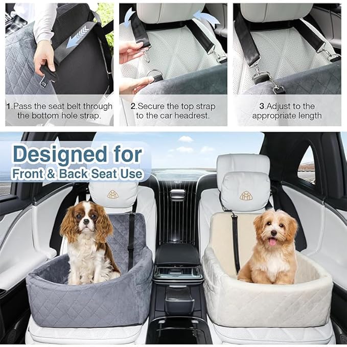 Deluxe Pet Car Seat, Booster Car Seats with Thick Cushionb for Dogs Up to 20 lbs, Detachable Washable Pet Travel Safety Bed with 2 Storage Pockets,and 2 Safety Belts (White)