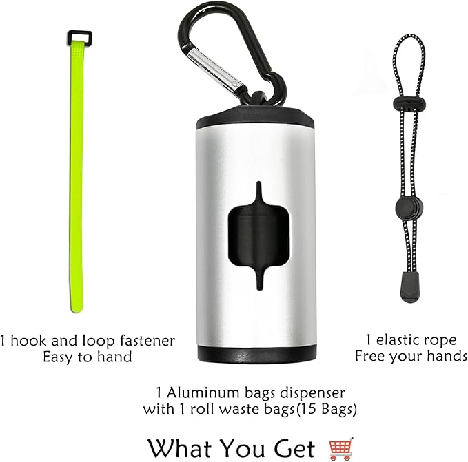Aluminum Dog Poop Bags Holder with Carabiner Metal Pet Waste Bags Dispenser with Hook and Loop Fastener and Elastic Cord to Carry Used Bags (Silver)