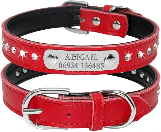 Custom Leather Dog Collars Adjustable Padded Rhinestone Personalized Dogs ID Collar Free Engraving for Small Medium Dogs Cats Red S