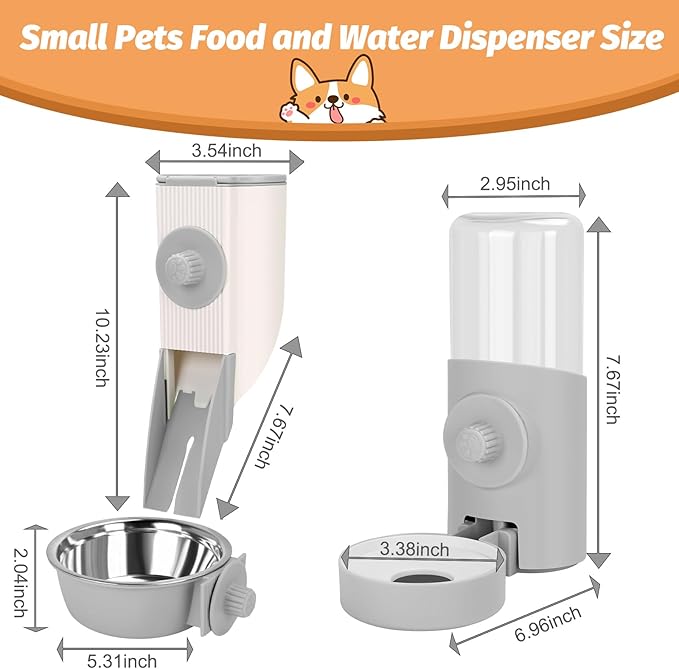 Yummy Sam Hanging Cage Automatic Small Pet Food Bowl Water Bottle Dispenser, Kennel 500ML Waterer and Auto Gravity Pet Feeder Set with Separate Food Bowl Crate Feeder Dish for Puppy Cats Rabbit (Grey)