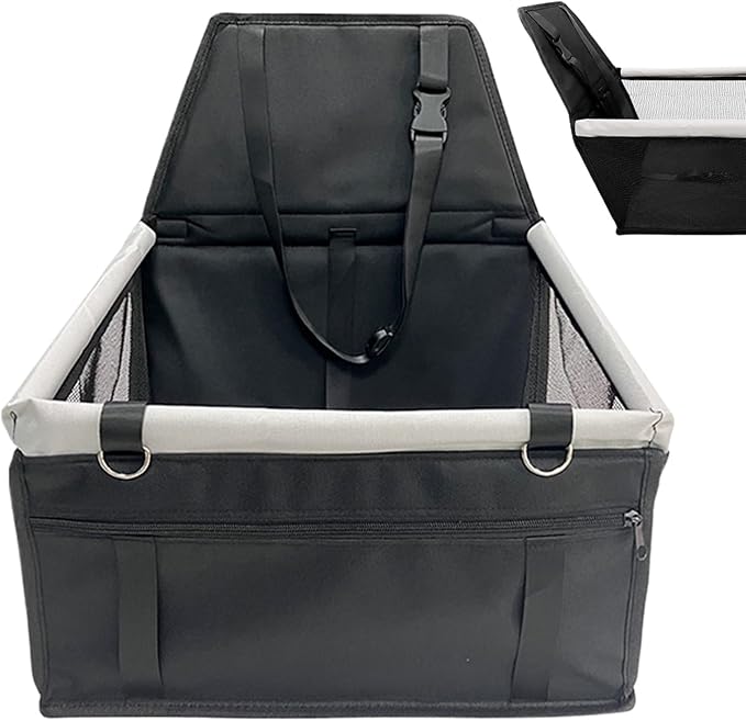 Waterproof Carrier Bed - Puppy Travel Seat, Dog Car Booster | Adjustable Buckle Harness Crate, Storage Pocket Basket, Removable Cushion with Driving Scenario