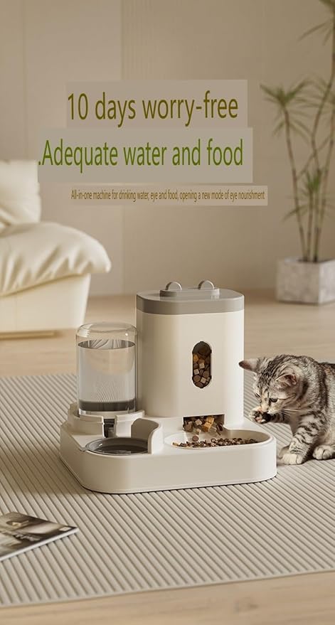 2-in-1 Automatic Feeder Dog Cat Food Bowl with Water Fountain Large Capacity Pet Food Storage Dispenser Container Puppy Pet Accessories (Peach Powder)