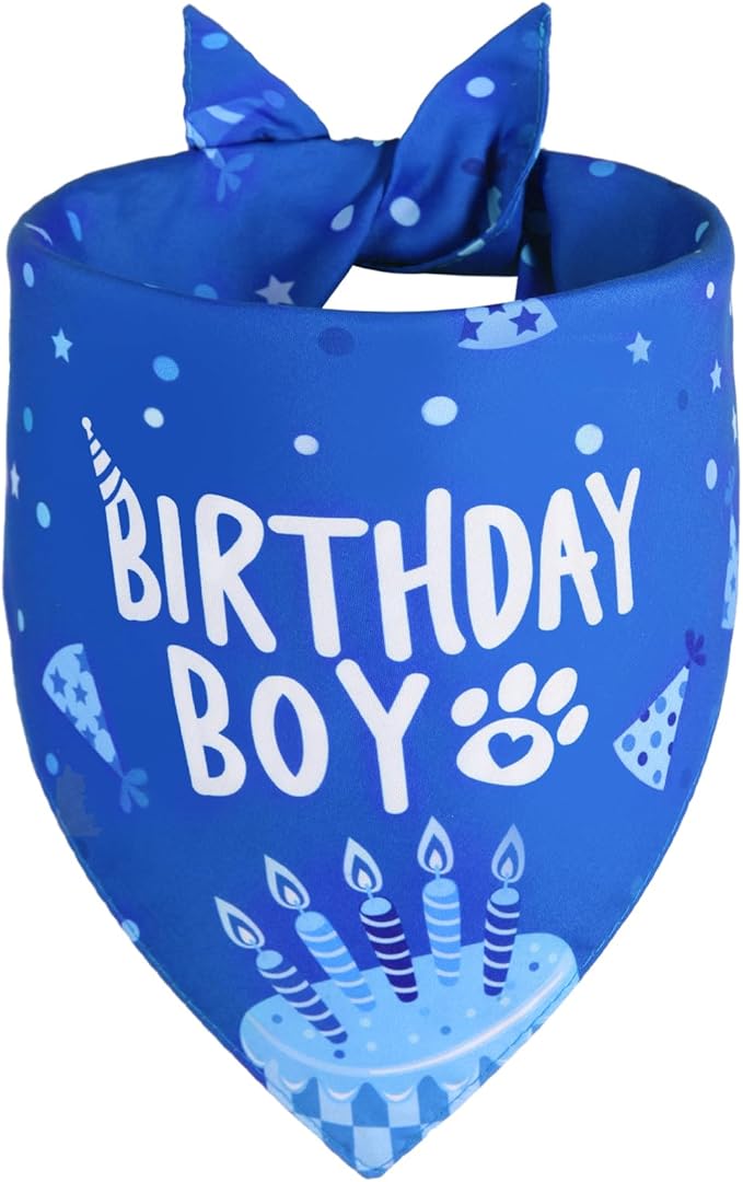 Dog Birthday Bandana Blue Boy XLarge 1PCS, Durable Triangle Reversible Scarf Bibs Handkerchief for Puppy Pet