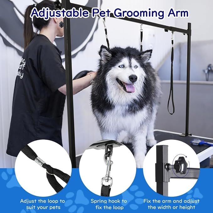 KELIXU Dog Grooming Arm with Clamps - H Shape, Pet Grooming Table Arm with 3 Loop Noose, Pet Grooming Supplies for Large/Medium/Small Pets, 32" Height Adjustable and 34" - 50" Width Adjustable, Black