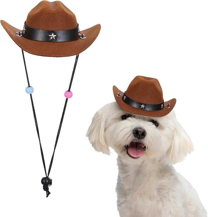 Dog Cowboy Hat, Mini Cowboy Hat for Pet with Chin Strap Adjustable Cosplay Cap Star Decor, (Brown, M), Intended for Dogs and Cats/Halloween Costume/Party Decoration