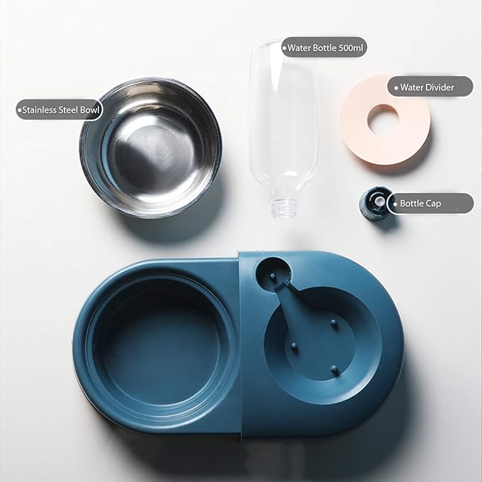 HANAMYA 2-in-1 Pet Feeder Set with Automatic Water Dispenser and Stainless Steel Bowl, for Dog and Cat, Blue