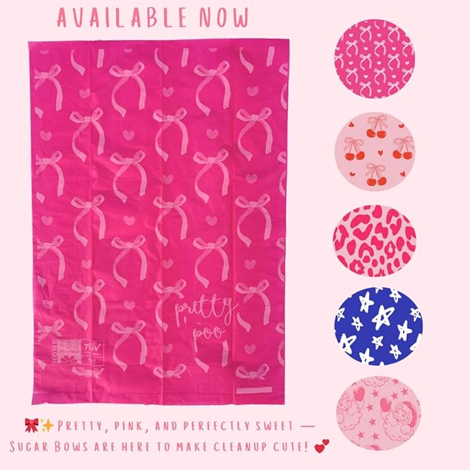 Pretty Dog Poop Bags - 150 Count, Certified Home Compostable, Leakproof, Extra Thick, Tear Resistant, Pink, Vanilla Scented, Sugar Bows