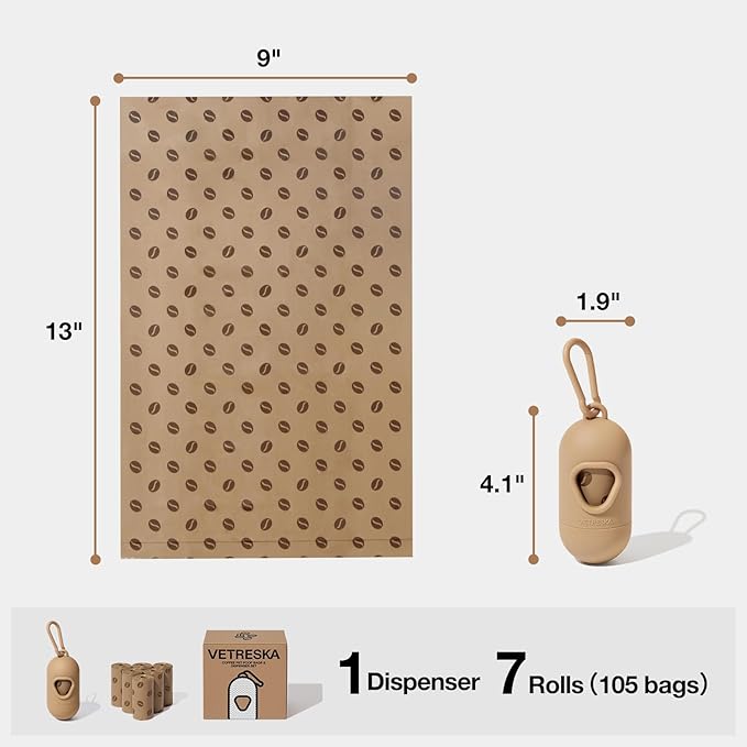 VETRESKA Dog Poop Bags Dispenser with Coffee Scented Waste Bags, Leak Proof, Extra Thick & Strong, 1 Holder and 105 Count Pet Poop Bags (7 Refill Rolls) for Dogs and Cats