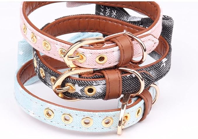Cute Stars Pets Dog Collars Leather Bowknot Collar Leash Set for Small Medium Dogs Bulldog/Pug Necklace Bandana Pet Leashes (Black r Medium)
