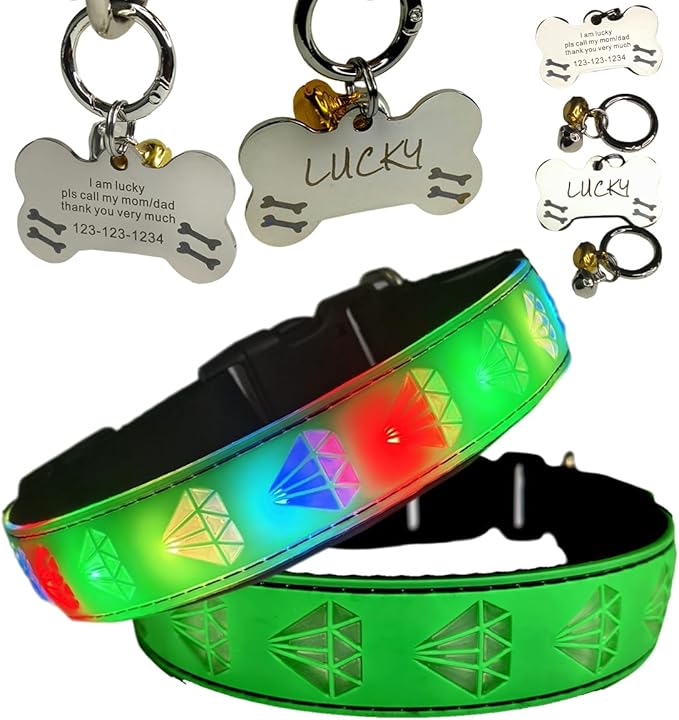 LED Dog Collar with Diamond Pattern, 15 Light Modes, with Bonus Pet ID Tag and Bell (Green Pro, L(15.7-19.7"))