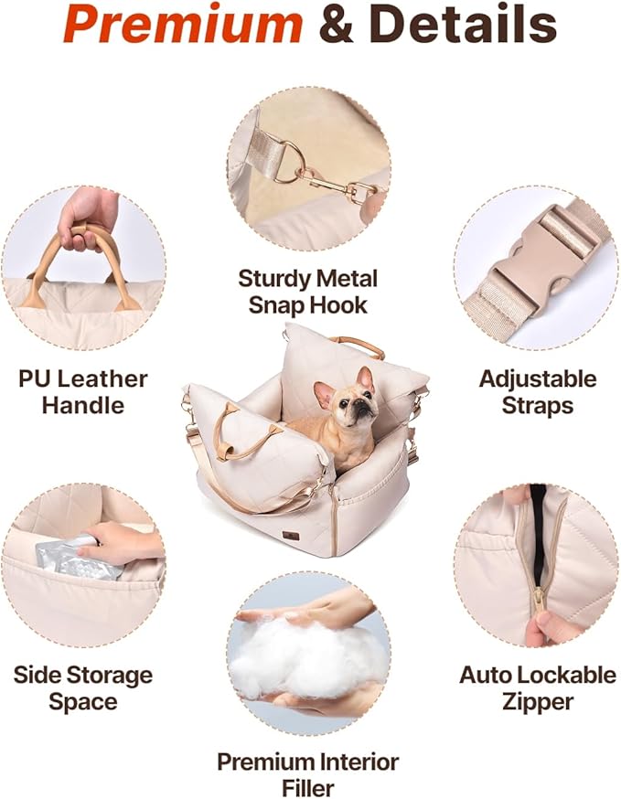 PET MARVEL Dog Car Seat for Small Dogs Up to 25 lbs, Pet Booster Seat with Safety Leash and Thick Cushion, Fully Detachable Washable Pet Bag with Storage Pocket, Portable Car Travel Carrier, Beige