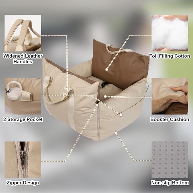 PU Leather Small Dog Car Seats for Small Dogs, Waterproof Dog Booster Car Seat with Storage Pockets and Stretchable Dog Seat Belt, Anti-Scratch Soft Leather Puppy Car Seat for Travel and Home, Beige