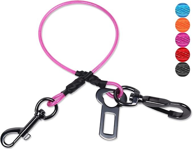 VIVAGLORY Dog Seat Belt Tuffbelt Dog Car Harness, Seatbelt with Clip & Hook for Car Travel, Chew Proof Anti Chew Unchewable Metal Safety Tether Restraint, XL, Pink