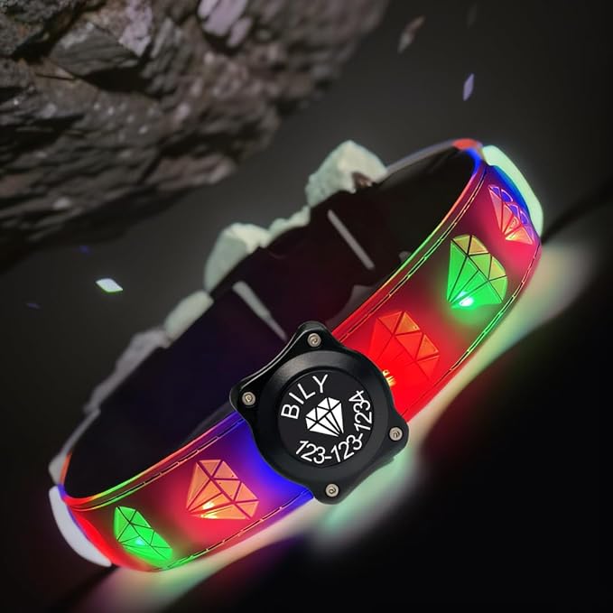 Customlized USB-C led Light up Night Walking Dog Collar with Waterproof airtag Holder, 4 Modes Running Flashing Light (Purple, XL(19.7-23.6"))