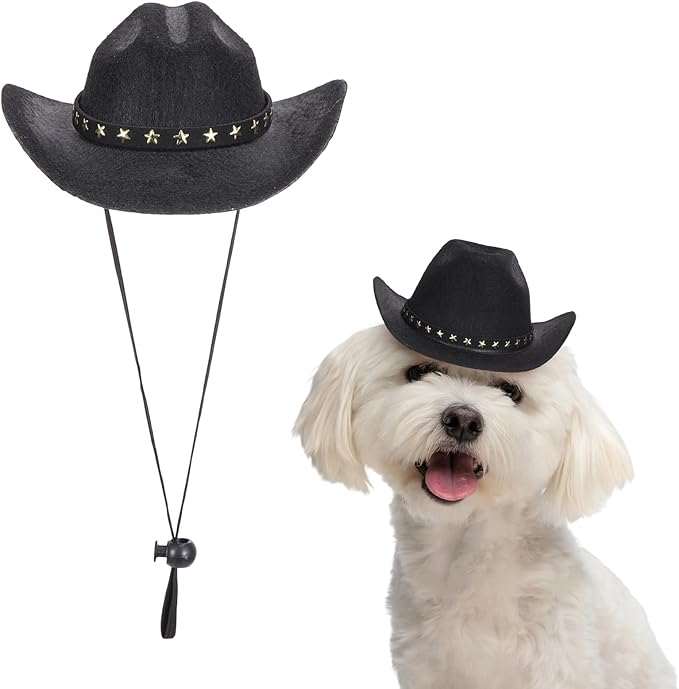 Dog Cowboy Hat, Mini Cowboy Hat for Pet with Chin Strap Adjustable Cosplay Cap, (Black, M), Intended for Dogs and Cats/Halloween Costume/Party Decoration