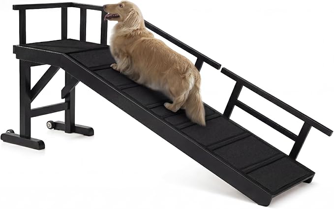 Dog Ramp for Bed or Couch, Wooden Pet Ramp with 20° Gentle Slope, Removable Side Rails, Non-Slip Surface, Top Platform & Wheels, Safe Bed Ramp for Small, Medium & Senior Dogs, 60" Long, Black