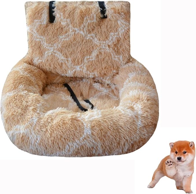 Dog Car Seat with Seat Belt Car Seat Dog Bed, Furry Safety Seat for Large and Small Dogs, Travel Pet Bed with Thick Cushions (Apricot & White Check, 60×60cm)