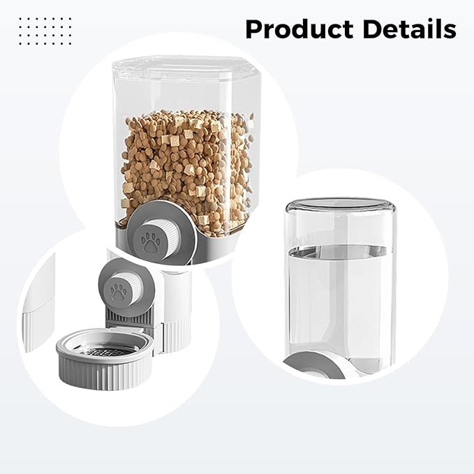Grey Automatic Pet Water and Food Dispenser, 40 Oz/1200 Ml, Hanging Cage Bowl, Detachable Design, for Cats and Dogs