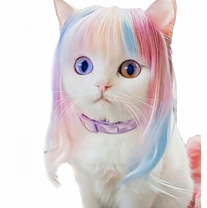 Pet Wig for Dogs and Cats, Realistic Adjustable Costume Wig with Simulated Hair for Small Medium Large Pets, Halloween Cosplay Party Photo Shoot Fun Accessory (Pink)