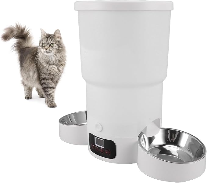 Automatic Cat Feeder, 5L Double Bowl Automatic Food Dispenser Pet Food Dry Food Dispenser Timing Portion Control Automatic Pet Feeder for Puppy Kitten