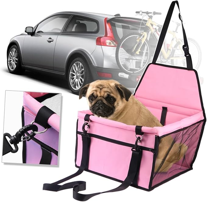 Breathable Mesh Dog Car Seat with Design Safety Leash and Thick Support Rods for Pet Travel Compatible with Harnesses Black Color(Pink)