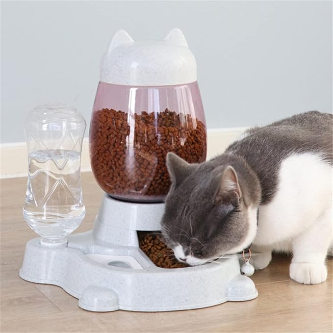 Automatic Cat Feeder Pet Dog Food Storage Bowl Water Dispenser Set Cute Automatical Dog Cat Feeder with Water Bottle, Water Dispenser Pet Water Food Dish for Cats,Puppy, Rabbit Grey Color