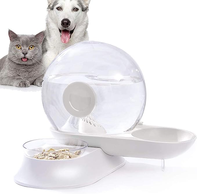 Double Dog Cat Water and Food Bowl Set,Automatic Water Dispenser Feeder Bowls,2.8 L Detachable No-Spill Snail-Shaped Self-Dispensing Gravity Waterer Fountain for Cat Dog Puppy Kitten
