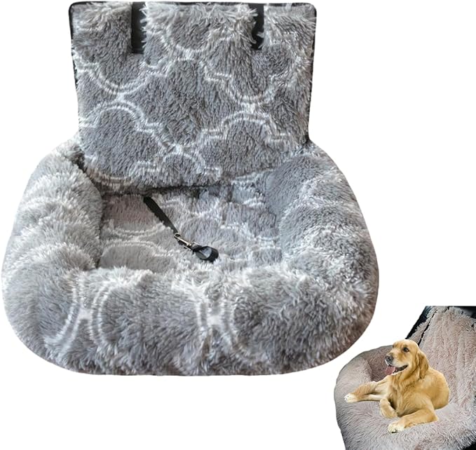 Dog Car Seat with Thick Cushion Travel Pet Bed with Seat Belt Car Seat Dog Bed for Large and Small Dogs (Gray & White Check, Extra Large)