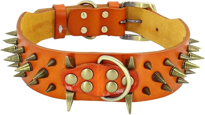Spiked Studded Leather Dog Collars Wide Sharp Pitbull Big Dog Collar Adjustable for Medium Large Dogs Boxer Bulldog Red L XL Orange XL