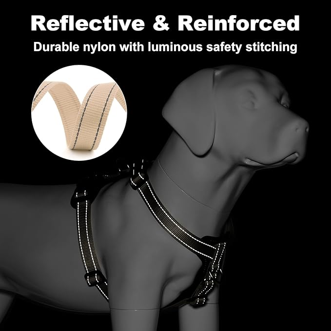 Plutus Pet Adjustable No Pull Dog Harness with Leather Accents, Heavy Duty Reflective Nylon Vest for Training, Hiking, Easy Walk Harness for Small, Medium, Large Dogs (Beige, S)