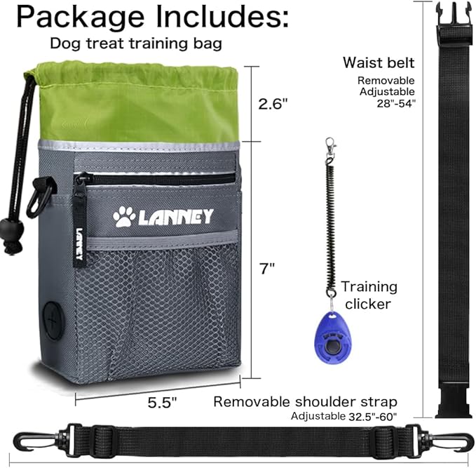 Dog Treat Pouch - 3 Ways to Wear Dog Treat Bag, Dog Training Treat Pouches for Pet Training with Clicker, Shoulder Strap, Adjustable Belt, Poop Bag Dispenser, Easily Carrying Kibble Snacks Pet Toys