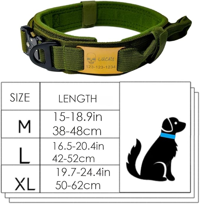 Personalized Tactical Dog Collar with Handle, Military Style, Adjustable (Army Green, XL(19.7-24.4"))