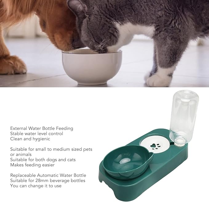 Dog Cat Bowl with Automatic Water Dispenser Bottle, Automatic Water Feeder Food Dish Set Cat Food Water Bowl Set for Dogs Cats (Dark Green)