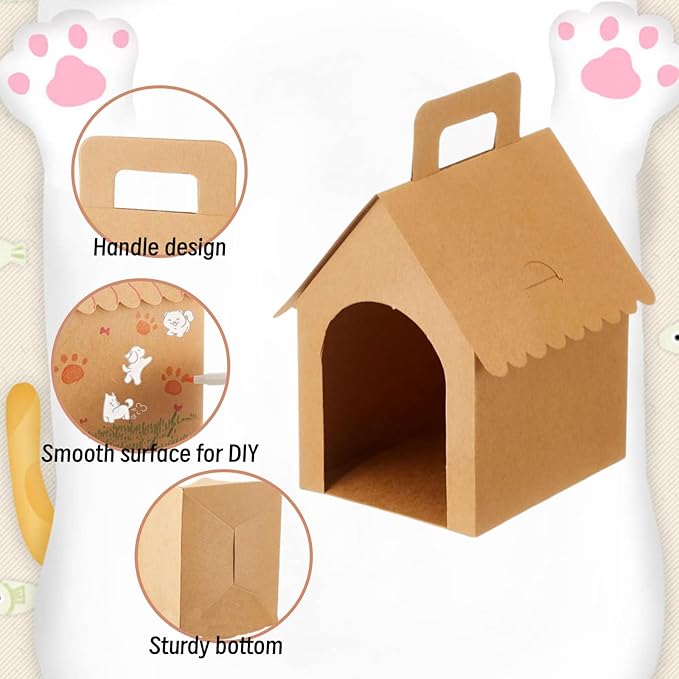 HAN SHENG 24 Pcs Dog House Shape Gift Boxes, Kraft Paper Party Favors with Handle for DIY Crafting, Puppy Birthday Party Supplies, Pet Adoption Theme Decorations