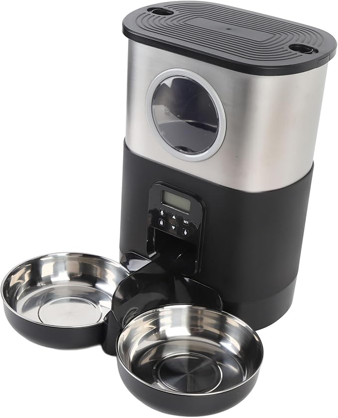 Automatic Pet Feeder, 5L Large Capacity Automatic Timed Cat Feeders with Visable Window Quantitative Feeding Stainless Steel 2 Bowls Dog Food Dispenser for Cats Dogs (Black)
