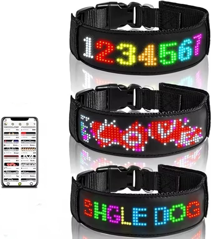 RGB Led Dog Collar for App Programmable Text Flashing Light Up Cosplay Accessories- USB Rechargeable Hand and Leg Rings Cat Digital Pet Collar Weatherproof Fits for Small Medium Dog (Full Color)