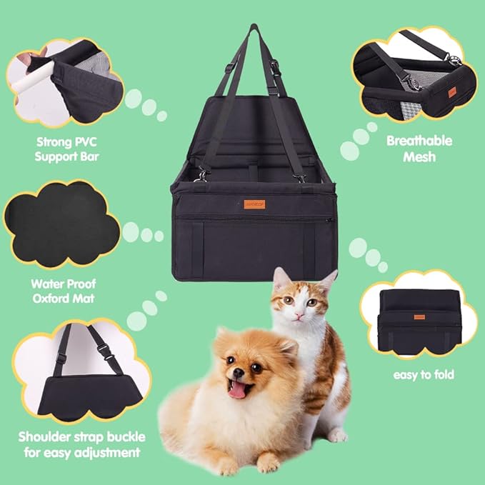 SWIHELP Dog Car Seat Puppy Portable Pet Booster Car Seat with Clip-On Safety Leash and PVC Support Pipe, Anti-Collapse,Perfect for Small Pets