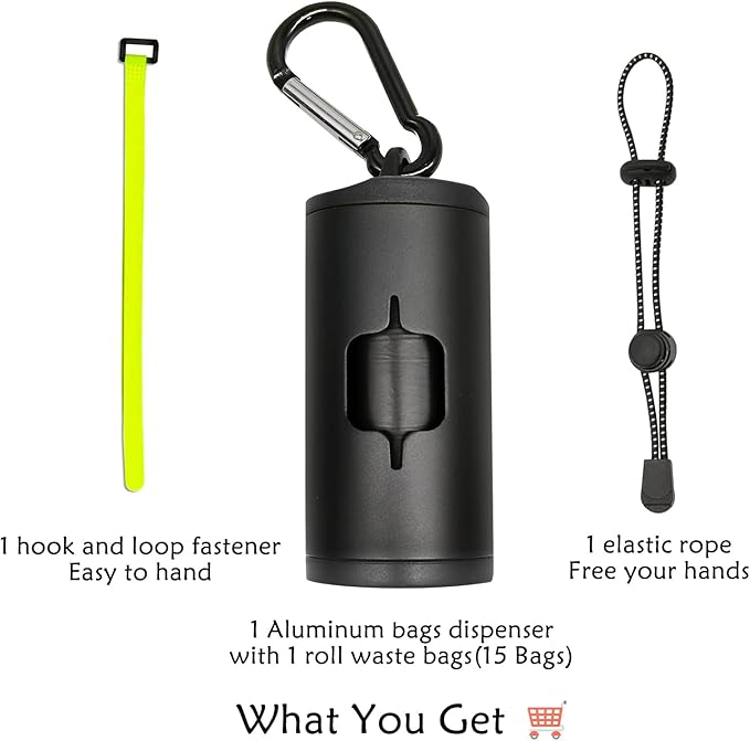 Aluminum Dog Poop Bags Holder with Carabiner Metal Pet Waste Bags Dispenser with Hook and Loop Fastener and Elastic Cord to Carry Used Bags (Black, 1 Holder 15 Bags)